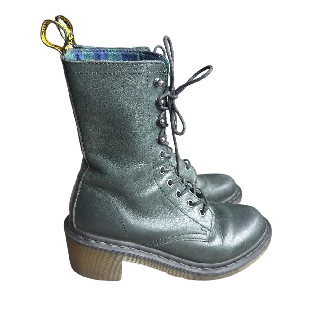 Dr. Martens CASEY Boot Women Size 7 Green Leather Plaid Rugged Laced Heel